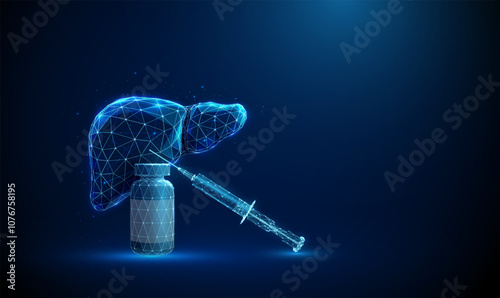 Bottle and syringe in front of red futuristic human liver. Liver diseases, medical treatment and pharmacy concept. Low poly neon style.
