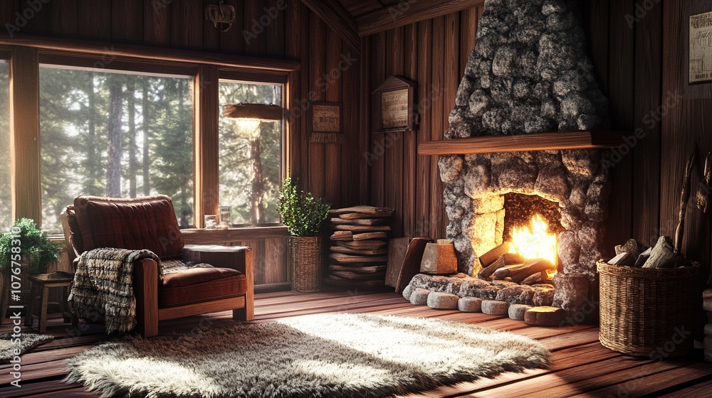 Cozy cabin interior with a fireplace and natural light. Cozy cabin interior with a fireplace and natural light.