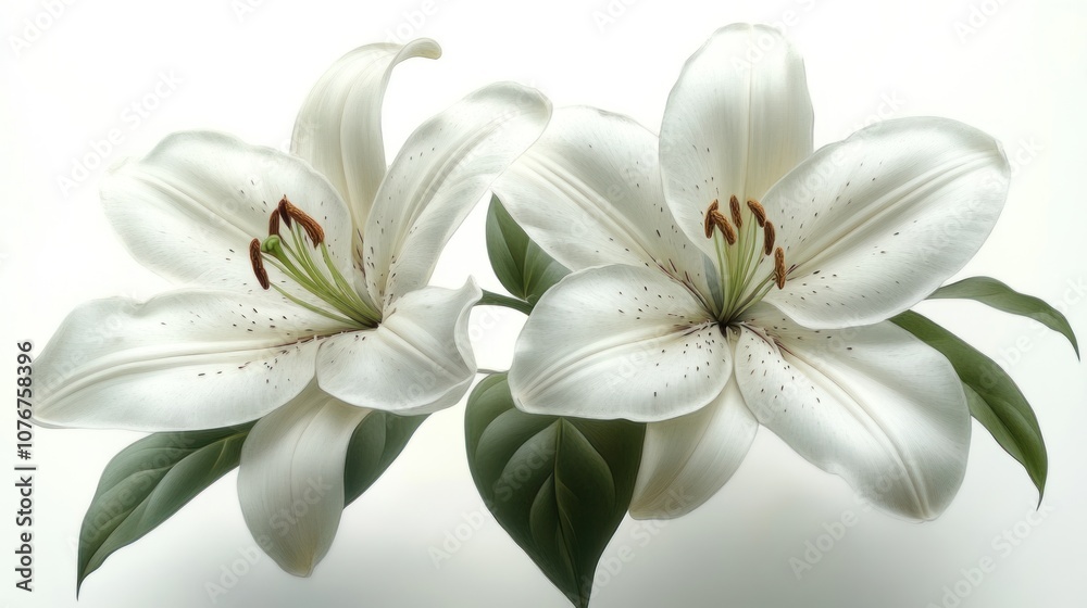 Two elegant white lilies with green leaves on a light background. Two elegant white lilies with green leaves on a light background.