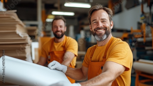 Two cheerful workers in an orange uniform managing large paper rolls efficiently in a well-organized warehouse, representing teamwork and effective management. photo