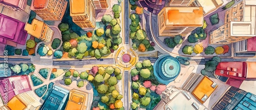 Illustrate a top-down view of a vibrant urban area with interconnected roads and parks in a vivid watercolor technique
