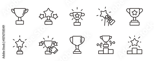 trophy cup award line icon set winner prize success achievement reward signs outline vector illustration
