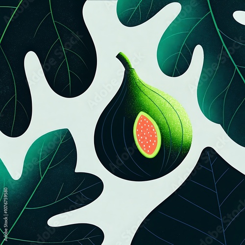 A stylized graphic of a ripe fig surrounded by large glossy fig leaves