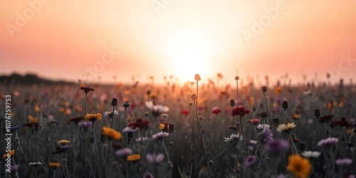 A scenic sunset over a field of wildflowers