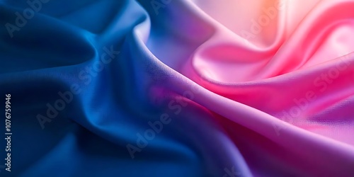 Abstract silk fabric with a rippled texture flowing in a gradient from blue to pink