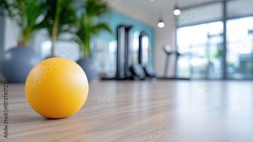 A simple gym layout with an orange exercise ball positioned on the floor near modern fitness machines, highlighting a place made for health and wellness pursuits. photo