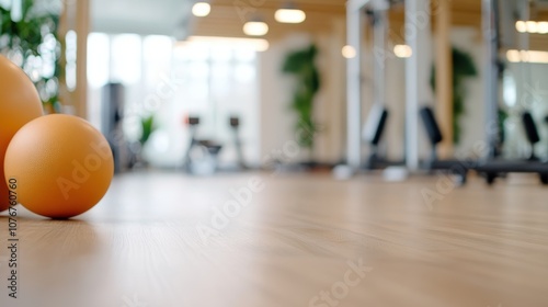 A minimalist gym environment featuring two exercise balls placed on a smooth wooden floor, promoting simplicity, focus, and a clean aesthetic for workouts. photo