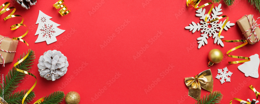 Christmas background with fir branches and Christmas decor. Top view, copy space for text Christmas background with fir branches and Christmas decor. Top view, copy space for text