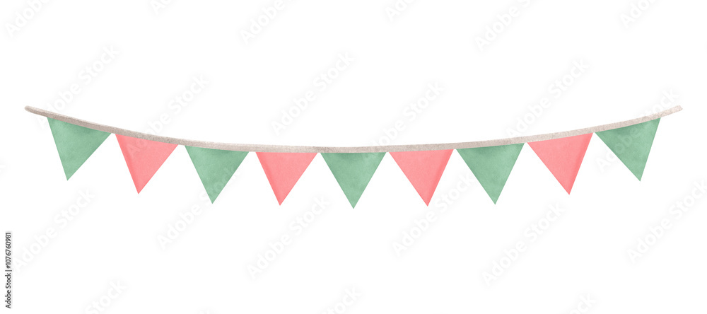 Obraz premium Garland of pennants flags. Hand drawn watercolor illustration isolated. Christmas and New Year winter holiday clipart. Festive background. Template for birthday and kids party decoration, wedding.