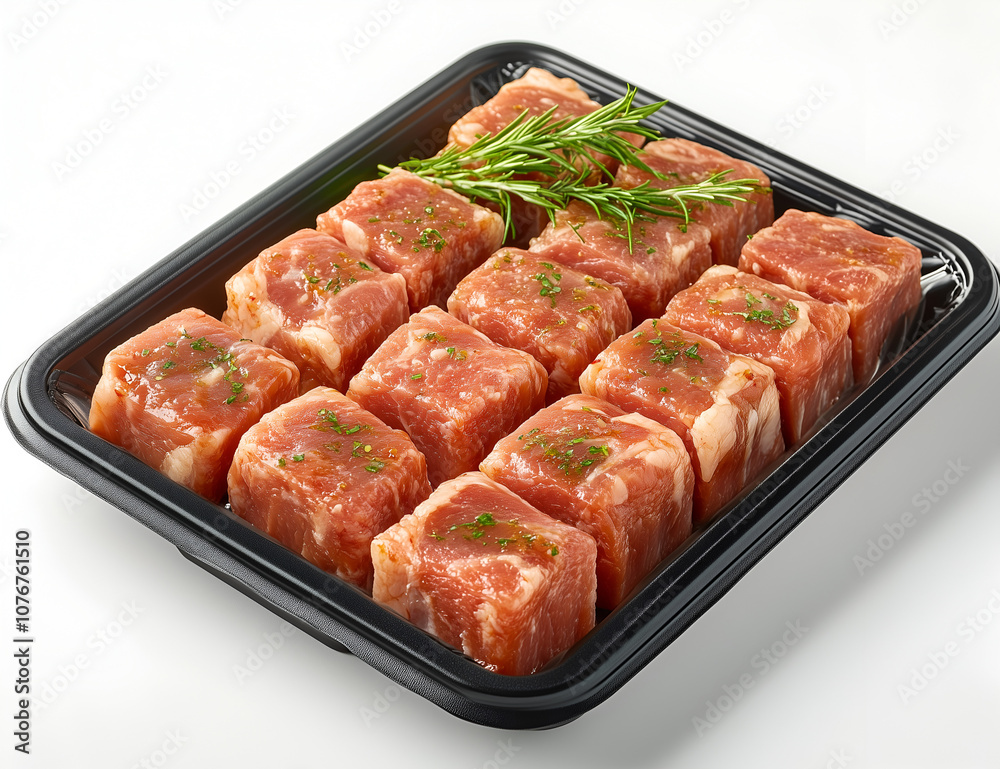 black tray of frozen meat, placed on a white background. black tray of frozen meat, placed on a white background.