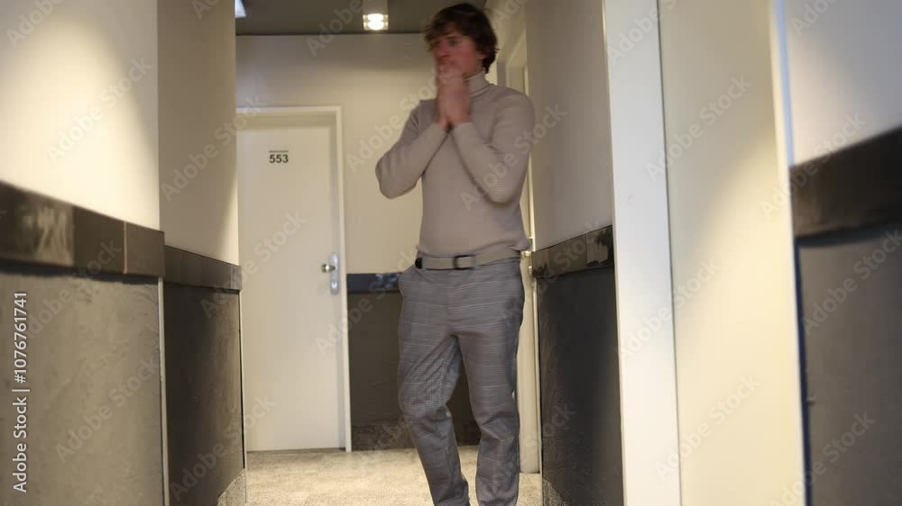 A young man stands in the hallway, deep in anxious thought, with a hopeful look on his face as if wishing for success. Wearing a light turtleneck sweater and plaid pants, he contemplates his next move