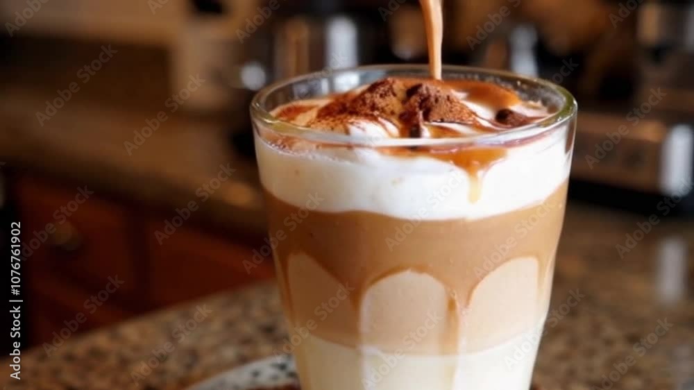 close-up of caramel macchiato with espresso, steamed milk, caramel syrup, and cinnamon on a warm kitchen countertop close-up of caramel macchiato with espresso, steamed milk, caramel syrup, and cinnamon on a warm kitchen countertop