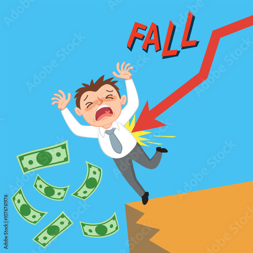 A Businessman Attacks By Red Arrow. The red arrow falls and hits the businessman, Losing money, charts fall concept. Flat, Vector, Illustration, Cartoon, EPS10.   