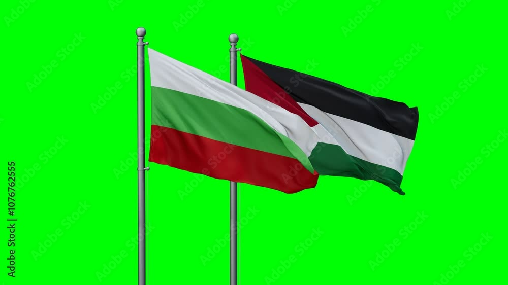 Palestine and Gaza Strip and Bulgaria two flags waving together on blue , video concept of the relationship with colored chroma key for easy background remove Palestine and Gaza Strip and Bulgaria two flags waving together on blue , video concept of the relationship with colored chroma key for easy background remove