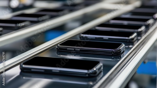 A production line featuring multiple smartphones moving along a conveyor belt, showcasing modern manufacturing processes in technology.