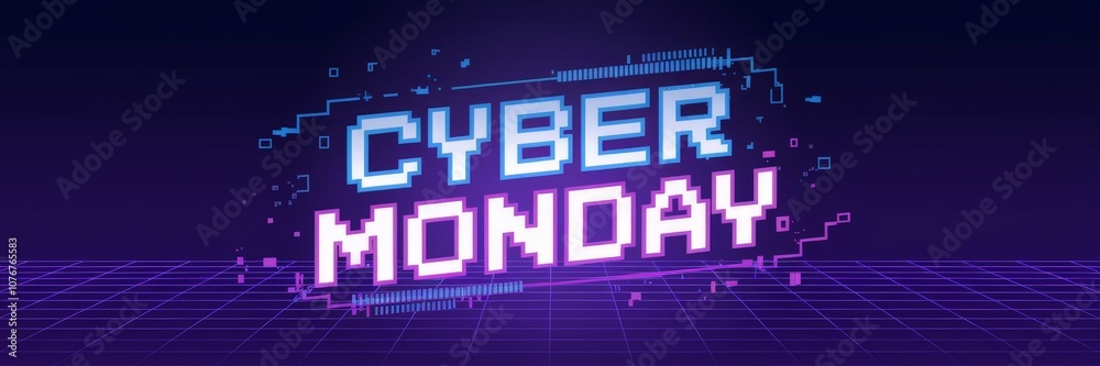 Fototapeta premium Vibrant Cyber Monday Sale Announcement in Retro Pixel Art Style, Featuring Bright Colors on a Dark Background, Perfect for Online Shopping Promotions