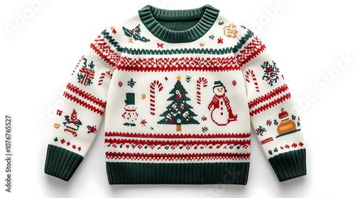 A Christmas sweater for kids with colorful patterns, such as candy canes and snowmen, on a white background.  photo