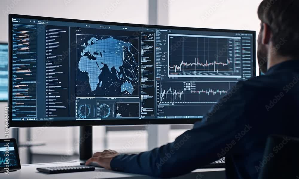 A person works at a desk with multiple monitors displaying data ...