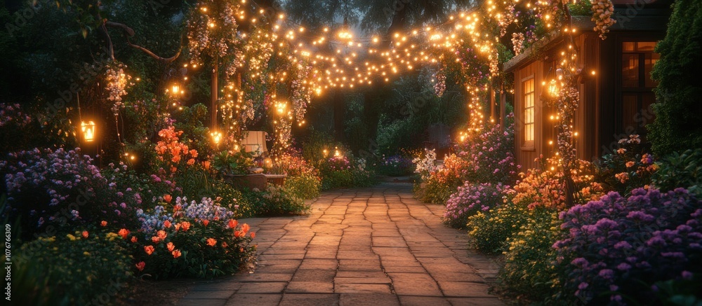 Fototapeta premium A magical, romantic garden pathway at dusk with fairy lights strung between trees and leading to a cozy cabin.