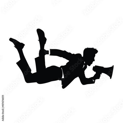 A man is falling and yelling into a microphone. He is wearing a suit and tie