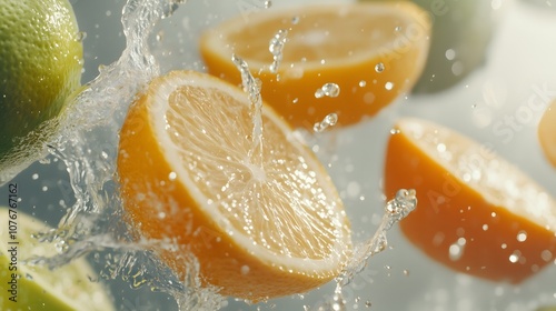 Obraz na płótnie Half of oranges and lemons flying with water through the air w salonie