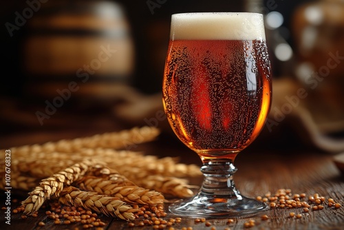 Glass of ale beer with wheat and malt on rustic table photo