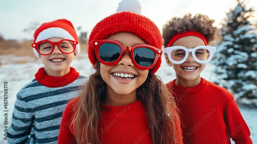Joyful Kids in Colorful Glasses Celebrating New Year Outdoors Joyful Kids in Colorful Glasses Celebrating New Year Outdoors