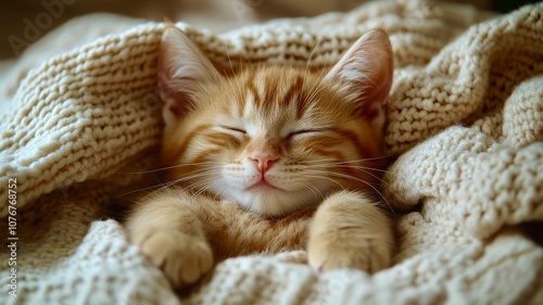 The face of a satisfied, sleeping orange kitten peeks out from under a warm, light-colored knitted blanket lying on the bed in the bedroom.The atmosphere is hygge,Mysig photo