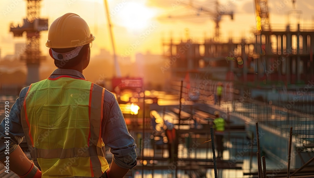 Vibrant and dynamic construction site with an engineer wearing a safety vest and yellow hard hat, standing in front of the unfinished bridge structure under construction Vibrant and dynamic construction site with an engineer wearing a safety vest and yellow hard hat, standing in front of the unfinished bridge structure under construction