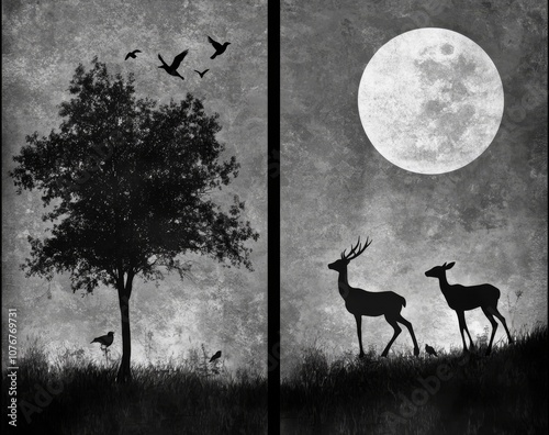 Artistic wallpaper with a black and white landscape. Trees, deers, birds, and the moon are depicted on a gary background. photo