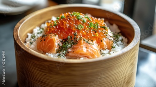 Traditional Donburi with Salmon and Toppings photo