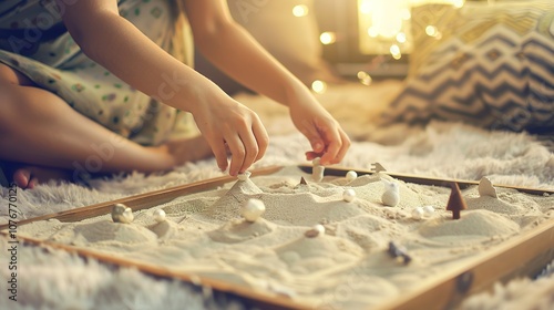 Therapist using sand tray with miniature objects in cozy room to help client express emotions, therapeutic session focusing on emotional expression and mental health.