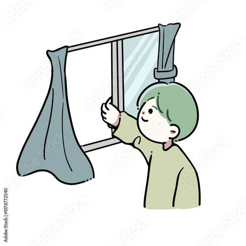 窓を開けて換気する男性のイラスト