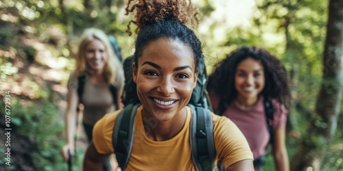 Friendly Group Hiking on a Trail