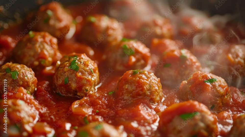 Close-up of Steaming Meatballs in Red Sauce Close-up of Steaming Meatballs in Red Sauce