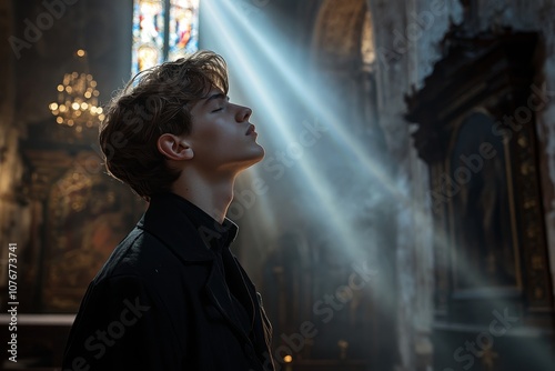 Portrait of a man praying in a church of spirituality. photo