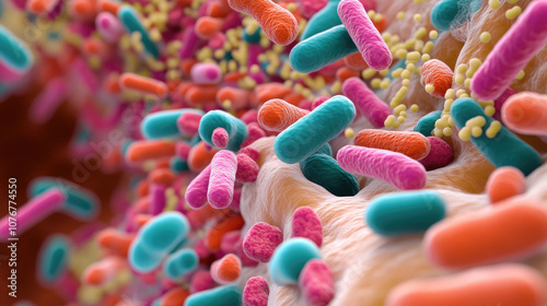 Vibrant Ecosystem of Gut Bacteria, Delving into the intricate relationships and functions of microorganisms within the human digestive system. photo