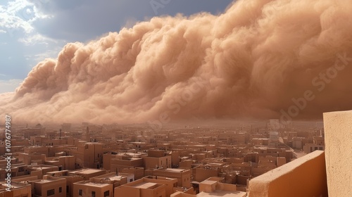 A vast dust storm approaches a city, engulfing it in a thick cloud of brown dust against a dramatic sky.