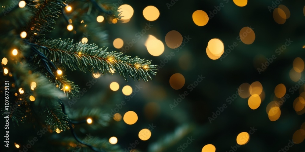 A close-up of the lights on an evergreen tree christmas branches bokeh.
