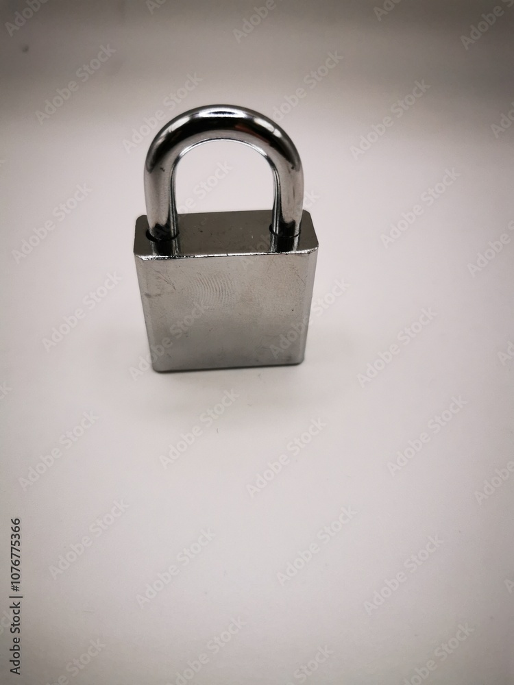 Fototapeta premium A close-up view of a shiny silver padlock on a plain background, symbolizing security and protection of personal belongings