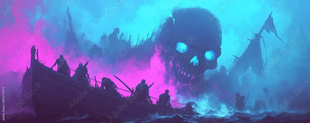 Obraz premium Eerie spectral pirates haunting a shipwreck, glowing bones amidst turbulent ocean waves, watercolor dreamscape of the undead at sea.