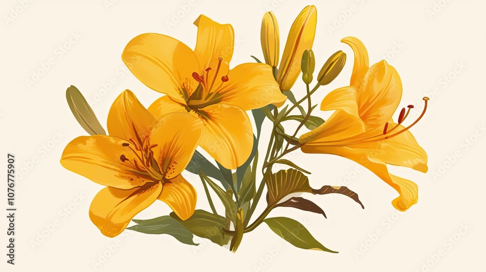 Fototapeta premium A Cluster of Yellow Lilies with Buds and Green Foliage