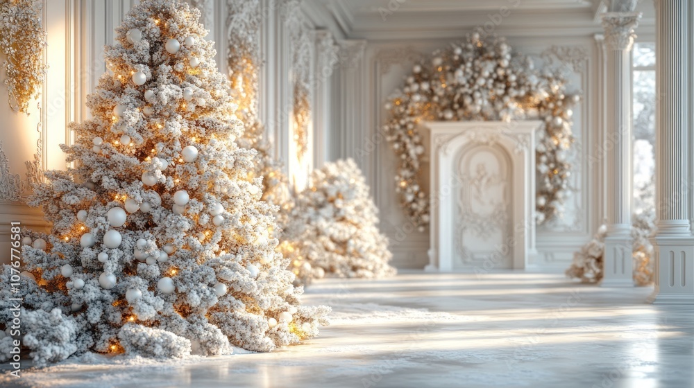 A beautifully decorated winter scene featuring snowy Christmas trees and elegant architecture. A beautifully decorated winter scene featuring snowy Christmas trees and elegant architecture.