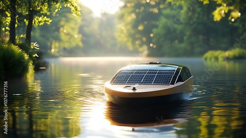 Close-up of a sleek boat powered by solar panels gliding on a glassy lake, sunlight reflecting off the water, lush green surroundings, bright clear sky, sharp focus, photorealistic textures --ar 16:9 photo