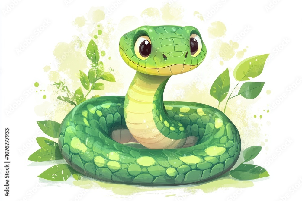 Fototapeta premium An adorable illustrated green snake design on white background, ideal for childrens content and various playful, imaginative designs