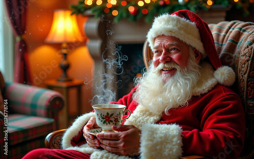 Santa Claus resting, drinking tea photo