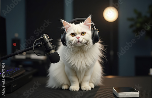 white cat doing a podcast