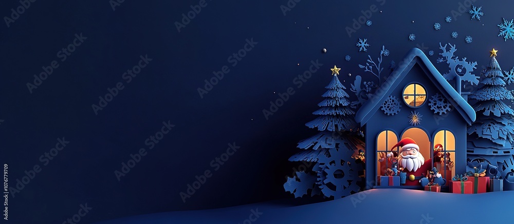 Fototapeta premium Festive scene with Santa, gifts, and a cozy house in winter.