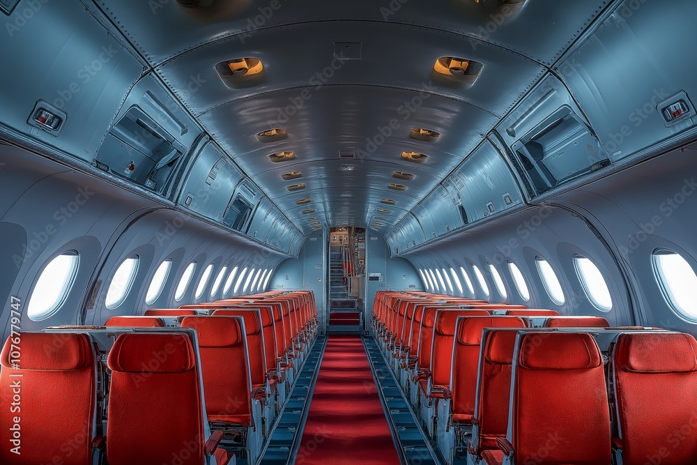 Airplane interior with empty seats. Airplane interior with empty seats.
