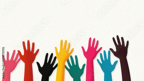 Colorful hands reaching out symbolize unity and support among diverse communities. This captures essence of collaboration and togetherness